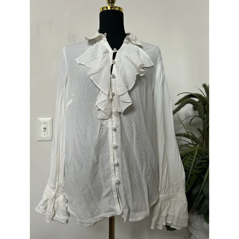Anthropologie M White Ruffle Blouse Pearl Button Coquette Cottagecore Top Chic